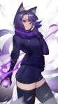  1girl absurdres animal_ears bangs black_gloves black_thighhighs blunt_bangs commission distr fingerless_gloves fox_ears from_side gloves highres looking_at_viewer mura_(woops) original purple_hair scarf short_hair shorts single_fingerless_glove solo thigh-highs violet_eyes 