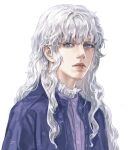  1boy bangs berserk blue_eyes closed_mouth frilled_shirt_collar frills griffith_(berserk) highres lips long_hair looking_at_viewer male_focus natsuhiro simple_background solo wavy_hair white_background white_hair 