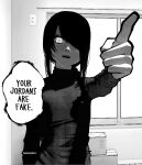 1girl artist_name bangs black_hair braid braided_ponytail chainsaw_man commentary greyscale gwenervi hair_over_one_eye hair_over_shoulder highres looking_at_viewer medium_hair meme monochrome nayuta_(chainsaw_man) open_mouth pointing pointing_at_viewer ringed_eyes solo 