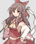  1girl :&lt; ascot bangs bow brown_hair closed_mouth detached_sleeves gohei grey_background hair_bow hakurei_reimu hand_on_hip holding long_hair looking_at_viewer navel red_bow red_eyes red_shirt ribbon-trimmed_sleeves ribbon_trim shide shinmon_akika shirt sidelocks simple_background solo touhou upper_body wide_sleeves yellow_ascot 