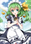  1girl alternate_costume apron bangs black_dress blush daiyousei dress enmaided fairy fairy_wings frilled_apron frilled_dress frills green_eyes green_hair hair_between_eyes highres long_hair looking_at_viewer maid maid_apron maid_headdress open_mouth puffy_short_sleeves puffy_sleeves ruu_(tksymkw) short_sleeves side_ponytail smile solo touhou waist_apron white_apron wings 