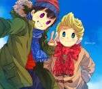  2boys artist_name beanie black_hair blonde_hair blue_eyes blue_scarf blue_sky blush brown_coat closed_mouth coat commentary_request day duffel_coat earmuffs fur-trimmed_hood fur_trim green_coat grin hand_up hands_in_pockets hat hood hood_down hooded_coat long_sleeves lucas_(mother_3) male_focus mother_(game) mother_2 mother_3 multiple_boys mxx_gm ness_(mother_2) open_clothes open_coat outdoors pocket quiff red_headwear red_scarf red_sweater scarf selfie short_hair sky sleeves_past_wrists smile standing sweater teeth twitter_username v violet_eyes 