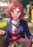  !? 1girl 1other bag blazer blue_jacket blush box box_of_chocolates gift giving happy_valentine highres jacket looking_at_viewer love_live! love_live!_school_idol_project medium_hair nishikino_maki open_mouth outdoors red_ribbon redhead ribbon scarf school_bag school_uniform shamakho solo_focus surprised translation_request tsundere v-shaped_eyebrows valentine violet_eyes 