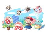  1boy :d arm_up baseball_cap black_hair blue_eyes blue_shirt blue_shorts blue_sky blush brown_eyes closed_mouth commentary_request copy_ability flower_pot full_body gordo halftone hat hill hitofutarai jigglypuff kirby kirby_(series) looking_up mother_(game) mother_2 multicolored_clothes ness_(mother_2) open_mouth piranha_plant pokemon pokemon_(creature) red_footwear red_headwear sharp_teeth shirt shoes short_hair short_sleeves shorts sideways_hat sky smile socks solid_oval_eyes spike_ball squirtle standing striped striped_shirt super_mario_bros. super_smash_bros. t-shirt teeth two-tone_shirt water white_background white_socks yellow_shirt 