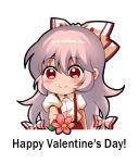  1girl baggy_pants bangs bow collared_shirt english_text flower fujiwara_no_mokou hair_bow happy_valentine hime_cut jokanhiyou long_hair pants red_eyes red_pants shirt sidelocks simple_background smile solo suspenders touhou very_long_hair white_background white_bow white_hair white_shirt 