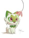  :d commentary_request fangs happy highres no_humans open_mouth pokemon pokemon_(creature) red_eyes rolloekaki signature sitting smile solo sprigatito tongue white_background 
