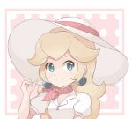  1girl alternate_costume artist_name blonde_hair blue_eyes chocomiru closed_mouth duplicate earrings happy hat jewelry long_hair looking_at_viewer non-web_source pixel-perfect_duplicate polka_dot polka_dot_background portrait princess_peach smile solo super_mario_bros. super_mario_odyssey 