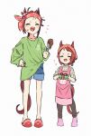  2girls :d ^_^ animal_ears appleq apron bare_legs black_pants blue_shorts box brown_hair character_request check_character chocolate chocolate_on_clothes chocolate_on_face closed_eyes collarbone commentary_request dual_persona food food_on_face full_body gift gift_box green_shirt hand_on_hip head_scarf highres holding holding_gift holding_whisk horse_ears horse_girl horse_tail laughing light_blush long_sleeves multiple_girls no_shoes open_mouth pants pink_apron sakura_bakushin_o_(umamusume) shirt shirt_partially_tucked_in short_hair shorts simple_background slippers smile tail umamusume v-shaped_eyebrows valentine whisk white_background 