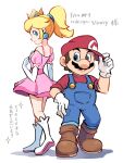  1boy 1girl blonde_hair blue_overalls boots brown_footwear crown dress earrings elbow_gloves facial_hair gloves hat highres jewelry mario mustache overalls pink_dress princess_peach red_headwear red_shirt shirt shoes short_hair simple_background super_mario_bros. white_background white_footwear white_gloves ya_mari_6363 