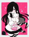  1girl aria_wintermint black_hair blush box gift gift_box hair_over_one_eye happy_valentine heart highres long_hair original parororo pink_background presenting scarf thigh-highs valentine 