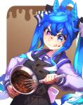  1girl :q @_@ ahoge animal_ears apron aqua_hair bangs black_apron blue_eyes blue_hair bowl brown_background chocolate chocolate_on_clothes chocolate_on_face commentary crossed_bangs dirty dirty_clothes food food_on_face hair_between_eyes heterochromia highres horse_ears long_hair long_sleeves multicolored_hair school_uniform simple_background smile solo thin_(suzuneya) tongue tongue_out tracen_school_uniform twin_turbo_(umamusume) twintails umamusume v-shaped_eyebrows valentine violet_eyes whisk 