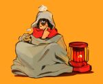  1girl animal asui_tsuyu bangs black_hair blanket boku_no_hero_academia closed_eyes closed_mouth commentary english_commentary fenkko frog full_body grey_headwear hat heater orange_background red_scarf scarf simple_background sitting solo 