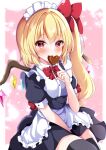 1girl absurdres alternate_costume apron black_dress blonde_hair bow bowtie candy chocolate dress enmaided flandre_scarlet food frilled_apron frills heart heart-shaped_chocolate highres looking_at_viewer maid maid_apron maid_headdress mouth_hold one_side_up pink_background puffy_short_sleeves puffy_sleeves red_bow red_bowtie red_eyes shirotsuki_shirone short_sleeves smile solo thigh-highs touhou valentine waist_apron white_apron wings 