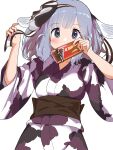  1girl absurdres belt black_belt candy chocolate chocolate_bar collarbone cowboy_shot fins fish_girl food grey_eyes grey_hair grey_kimono head_fins highres iwa_(iwafish) japanese_clothes jinmen-gyo_(kemono_friends) kemono_friends kimono long_hair mask mask_on_head multicolored_clothes multicolored_kimono obi sash solo 