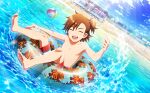  1boy ball barefoot beach beachball blue_sky brown_hair closed_eyes feet fingernails happy highres idolmaster idolmaster_side-m idolmaster_side-m_live_on_stage! legs male_child male_focus male_swimwear ocean official_art open_mouth shorts sky soles swim_trunks tachibana_shiro_(idolmaster) teeth toenails toes topless_male upper_teeth_only wet 