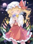  1girl ascot bangs blonde_hair blush closed_eyes collared_shirt crystal facing_viewer flandre_scarlet flower frilled_skirt frills full_moon hair_between_eyes hat highres holding holding_flower long_hair mob_cap moon petals puffy_short_sleeves puffy_sleeves purple_flower ramudia_(lamyun) red_flower red_skirt red_vest shirt short_sleeves side_ponytail skirt solo touhou twitter_username vest white_flower white_headwear white_shirt wings yellow_ascot yellow_flower 