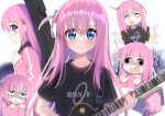  1girl bangs blue_eyes bocchi_the_rock! cube_hair_ornament electric_guitar gibson_les_paul gotou_hitori guitar hair_between_eyes hair_ornament hair_over_eyes highres holding holding_instrument instrument instrument_case jacket kitsuneco long_hair one_side_up pink_hair pink_jacket shirt solo t-shirt track_jacket 