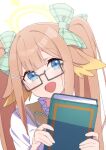  1girl afnroll blonde_hair blue_archive book bow closed_mouth glasses green_eyes hair_bow happy highres holding holding_book long_hair looking_at_viewer multicolored_hair open_mouth orange_hair shimiko_(blue_archive) smile solo twintails two-tone_hair very_long_hair 