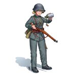 1girl absurdres black_footwear blonde_hair boots canteen commission entrenching_tool green_eyes gun helmet highres k31 load_bearing_equipment mess_kit military military_helmet military_uniform original ostwindprojekt rifle signature simple_background sweatdrop uniform water_drop weapon