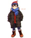  1boy artist_name beanie black_coat black_hair blue_pants blue_scarf blush boots brown_footwear closed_mouth coat commentary_request full_body fur-trimmed_hood fur_trim hands_in_pockets hat hood hood_down hooded_coat long_sleeves looking_at_viewer male_focus mother_(game) mother_2 mxx_gm ness_(mother_2) open_clothes open_coat pants red_headwear red_shirt scarf shirt short_hair simple_background smile solo standing twitter_username violet_eyes white_background winter_clothes winter_coat 