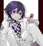  1boy bangs black_hair buttons checkered_clothes checkered_scarf danganronpa_(series) danganronpa_v3:_killing_harmony double-breasted food grin highres holding holding_food huyuharu0214 jacket knee_up male_focus multicolored_hair ouma_kokichi pants purple_hair red_background scarf short_hair signature smile solo teeth two-tone_hair violet_eyes white_background white_jacket white_pants 