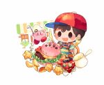  1boy :d baseball_cap black_hair blue_shirt blush blush_stickers burger bush cheese chef_hat closed_mouth commentary_request food fork hands_up hat hitofutarai holding holding_fork holding_knife holding_ladle ketchup kirby kirby_(series) kirby_burger kitchen_knife knife ladle lettuce male_focus mother_(game) mother_2 multicolored_clothes ness_(mother_2) open_mouth pasta pitcher_(container) potato_wedges red_headwear shirt short_hair short_sleeves simple_background smile solid_oval_eyes spaghetti star_(symbol) striped striped_shirt t-shirt tomato_sauce two-tone_shirt upper_body white_background white_headwear window yellow_shirt 