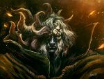  1boy andrea_guardino artist_name asymmetrical_horns closed_mouth collar commentary elden_ring english_commentary highres horns looking_at_viewer male_focus monochrome morgott_the_omen_king one-eyed portrait robe signature solo white_hair yellow_eyes 