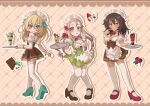  3girls :o andou_(girls_und_panzer) apron black_dress black_eyes black_footwear black_hair blonde_hair blue_eyes blush breasts candy chocolate chocolate_bar choker closed_mouth commentary dress drill_hair finger_to_mouth food frilled_dress frilled_sleeves frills fruit girls_und_panzer glass green_dress green_eyes green_footwear green_ribbon hair_ribbon high_heels holding holding_tray ice_cream long_hair looking_at_viewer maid_headdress marie_(girls_und_panzer) medium_breasts medium_hair mint multiple_girls neck_ribbon off-shoulder_dress off_shoulder oshida_(girls_und_panzer) parted_lips pistachio pleated_dress raspberry red_footwear red_ribbon ribbon salt-apple short_dress short_sleeves smile standing sundae thigh-highs tray underbust valentine waist_apron waitress white_apron white_choker white_thighhighs wrist_cuffs 