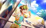  1boy beach belt blue_sky bracelet brown_hair buttons cherry clouds cup drink drinking_straw fingernails food fruit hat highres holding holding_cup holding_food holding_fruit ice ice_cube idolmaster idolmaster_side-m idolmaster_side-m_live_on_stage! jewelry looking_at_viewer male_child male_focus male_swimwear midriff_peek ocean official_art one_eye_closed open_mouth palm_tree see-through_headwear short_sleeves sky surfboard swim_trunks tachibana_shiro_(idolmaster) teeth tree umbrella upper_teeth_only 