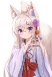  1girl absurdres animal_ear_fluff animal_ears bangs blush closed_mouth commentary_request flower folded_ponytail fox_ears fox_girl fox_tail grey_hair hair_between_eyes hair_flower hair_ornament hakama hakama_skirt hands_up heart heart_hands highres iroha_(iroha_matsurika) japanese_clothes kimono koyoi_(iroha_(iroha_matsurika)) long_hair long_sleeves looking_at_viewer miko original purple_flower red_hakama simple_background skirt smile solo tail very_long_hair violet_eyes white_background white_kimono wide_sleeves 