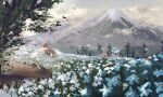  aqua_flower clouds commentary_request day eevee field flower flower_field highres mountain mugi_kinako no_humans outdoors pokemon pokemon_(creature) scenery signature sky white_flower 