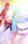  1girl absurdres asymmetrical_sleeves bangs black_ribbon blue_sleeves closed_eyes clouds cloudy_sky dress hair_over_one_eye hands_on_headphones headphones highres kenne_28 multicolored_clothes one_piece open_mouth ribbon sky solo thighs uneven_sleeves uta_(one_piece) wings 