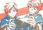  2boys aduti_momoyama armor bangs blue_armor blue_cape blue_eyes blue_gloves cape closed_mouth eliwood_(fire_emblem) father_and_son fingerless_gloves fingernails fire_emblem fire_emblem:_the_binding_blade fire_emblem:_the_blazing_blade gloves handheld_game_console headband high_collar highres holding holding_handheld_game_console long_sleeves looking_at_viewer multiple_boys nintendo_switch red_cape red_headband redhead roy_(fire_emblem) short_hair shoulder_armor smile two-tone_cape 