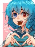  1girl absurdres bangs blue_eyes blue_hair candy chocolate english_commentary english_text food food_in_mouth happy_valentine heart heart-shaped_chocolate heart-shaped_pupils heart_hands heterochromia highres hippppodraw looking_at_viewer pink_background red_eyes short_hair solo symbol-shaped_pupils tatara_kogasa touhou upper_body 