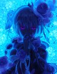  1girl afloat backlighting bangs blue_flower blue_rose blue_theme braid covered_mouth covering_mouth finger_ribbon flower hair_between_eyes hair_flower hair_ornament holding holding_flower long_bangs long_hair looking_at_viewer original petals ribbon rose solo upper_body violet_eyes watari_taichi water 