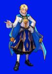  1boy absurdres alfred_(fire_emblem) bangs blonde_hair blue_eyes cape fire_emblem fire_emblem_engage full_body green_eyes hair_ornament highres jewelry looking_at_viewer male_focus sethkiel short_hair simple_background solo 