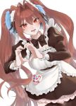  1girl animal_ears apron bangs black_bow black_bowtie black_dress black_thighhighs bow bowtie daiwa_scarlet_(umamusume) dress frilled_apron frilled_dress frills heart heart_hands horse_ears horse_girl horse_tail long_hair long_sleeves looking_at_viewer maid maid_apron maid_headdress open_mouth orange_eyes orange_hair sarachi_(sara_dayluv) simple_background solo tail thigh-highs twintails umamusume very_long_hair white_apron white_background 