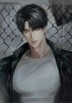  1boy against_fence bangs black_hair black_jacket closed_mouth commentary_request fence highres jacket korean_commentary leather leather_jacket lips male_focus moon_shingun parted_bangs shirt short_hair shut_ter shutline solo white_shirt wire_fence 