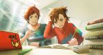  2boys ahoge book brown_eyes brown_hair facial_hair fingernails goatee hand_in_own_hair highres homework idolmaster idolmaster_side-m idolmaster_side-m_growing_stars long_sleeves male_child male_focus multiple_boys official_art pencil red_eyes redhead shirt sunlight tachibana_shiro_(idolmaster) teeth tendo_teru upper_teeth_only 