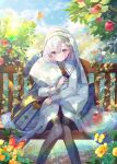  1girl apple apple_tree bangs black_thighhighs bug butterfly collared_shirt flower food fruit hair_between_eyes highres holding holding_pillow ibara_riato long_sleeves looking_at_viewer on_bench original pillow shirt short_hair sitting sitting_on_bench smile solo thigh-highs tree violet_eyes white_hair white_headdress yellow_flower 