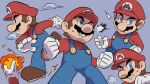  1boy blue_eyes blue_overalls boots brown_footwear brown_hair clenched_hands facial_hair fireball gloves hat highres mario multiple_views mustache open_mouth overalls red_headwear red_shirt shirt short_hair simple_background super_mario_bros. teeth white_gloves ya_mari_6363 