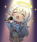  1girl bangs blue_jacket blush_stickers closed_eyes commentary_request copyright_request dress facing_viewer feathered_wings flower glowing grey_hair hair_between_eyes hair_flower hair_ornament halo hands_up highres holding holding_microphone jacket long_hair long_sleeves low_wings microphone off_shoulder open_clothes open_jacket open_mouth puffy_long_sleeves puffy_sleeves rutorifuki sleeveless sleeveless_dress sleeves_past_wrists solo sparkle standing very_long_hair virtual_youtuber white_dress white_flower white_wings wings 
