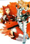  2girls :d absurdres animal_ears ass bangs blonde_hair blue_eyes bodysuit boots breasts dutch_angle eulen_spiegel gloves grey_eyes gun hakua_ugetsu highres huge_weapon impossible_clothes kagerou_sabine_kurzringer large_breasts long_hair looking_at_viewer looking_back mecha_musume multiple_girls necktie official_art open_mouth outstretched_arms panties payot pointing profile red_hair red_panties scan smile spread_arms standing thigh_boots thighhighs tiptoes underwear wavy_hair weapon white_legwear white_panties wind yuugiri_kunigunde_morenz 