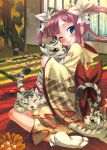  blush bow card cat_ears flower hair_bow hair_rings highres japanese_clothes kimono koihime_musou lying_card shirane_taito sitting solo sonshoukou tiger wariza white_tiger wink 