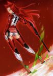  1girl absurdres animal_ears arched_back ass bodysuit clothes_writing dutch_angle eulen_spiegel from_behind frown glowing grey_eyes gun hakua_ugetsu highres kagerou_sabine_kurzringer long_hair looking_at_viewer looking_back magic_circle motion_blur official_art red_hair red_legwear rifle solo standing tattoo weapon wind 