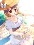  1girl :d breasts brown_hair chair cleavage copyright_request hat highres mikeou open_mouth picnic_basket pink_chuchu red_eyes sitting smile straw_hat summer_dress 