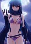  angel_beats! belt beltskirt between_fingers bikini blue_hair highres kunai long_hair moon red_eyes scarf shiina shiina_(angel_beats!) solo swimsuit weapon 