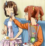  amami_haruka blush cake closed_eyes eating food food_on_face fork frog fruit idolmaster mknown mori_(unknown.) multiple_girls plate raglan_sleeves smile strawberry sweatdrop takatsuki_yayoi wiping 