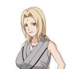  bare_shoulders blonde_hair breasts brown_eyes cleavage female hair_ribbon large_breasts long_hair naruto necklace ribbon simple_background tsunade vector white_background 