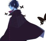  1boy black_butterfly bug butterfly closed_mouth expressionless facing_away hikage_(kokuchou_no_psychedelica) kokuchou_no_psychedelica looking_afar male_focus mole mole_under_eye purple_hair short_hair solo unm777 violet_eyes white_background 